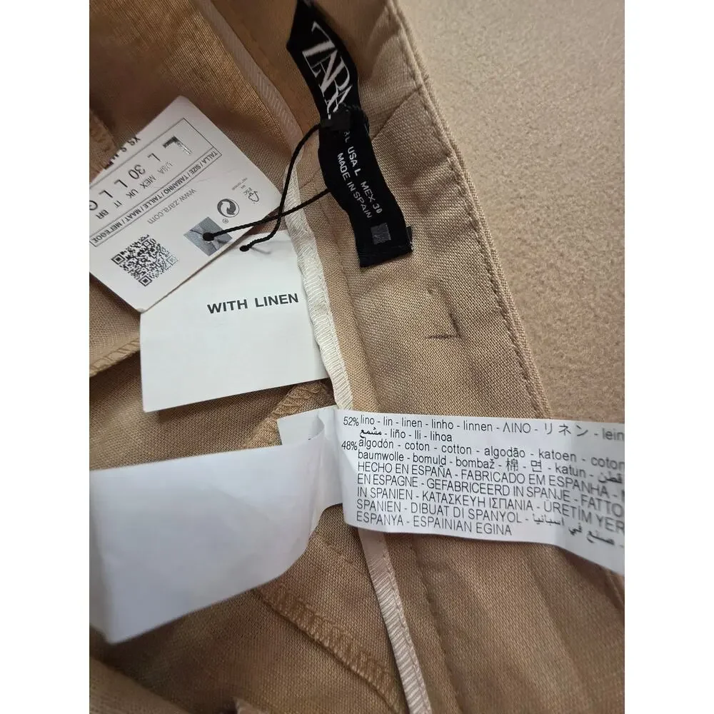 Zara Women's Linen Cotton Blend Khaki Trouser Pants Sz Large NWT
